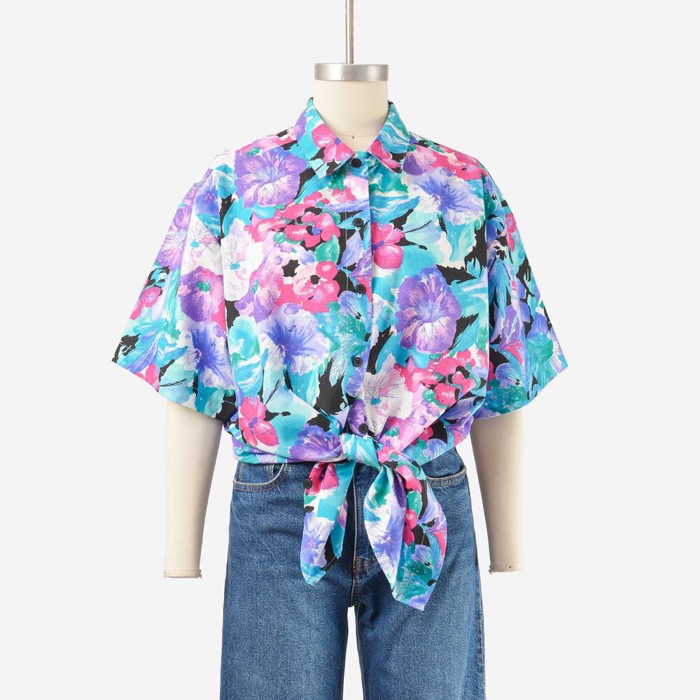 Vintage 80s Floral Cotton Shirt XL XXL Short Sleeve Button Down Blouse Plus Size